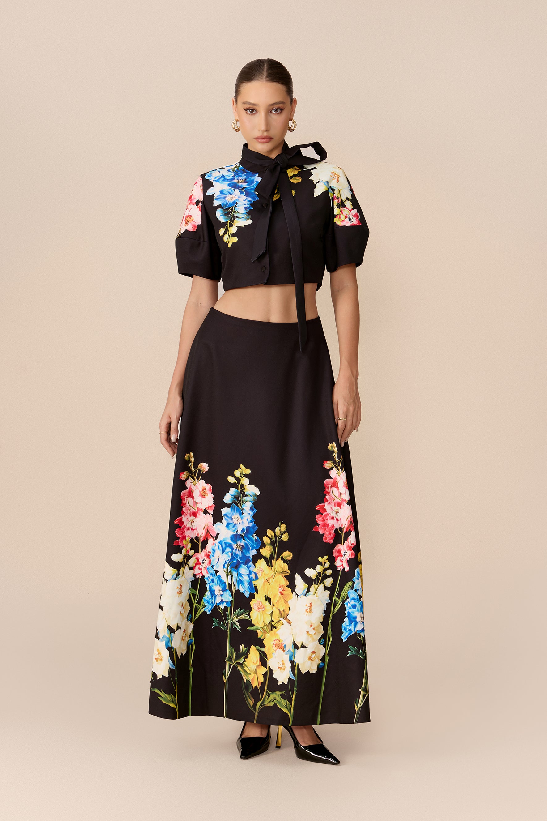 Floral Tie-Neck Crop Top and Maxi Skirt Set - view 2