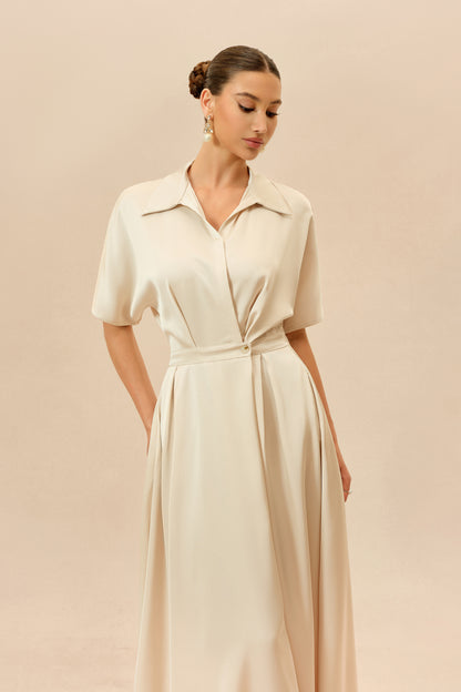 Beige shirt collar maxi dress with twist front - view 3