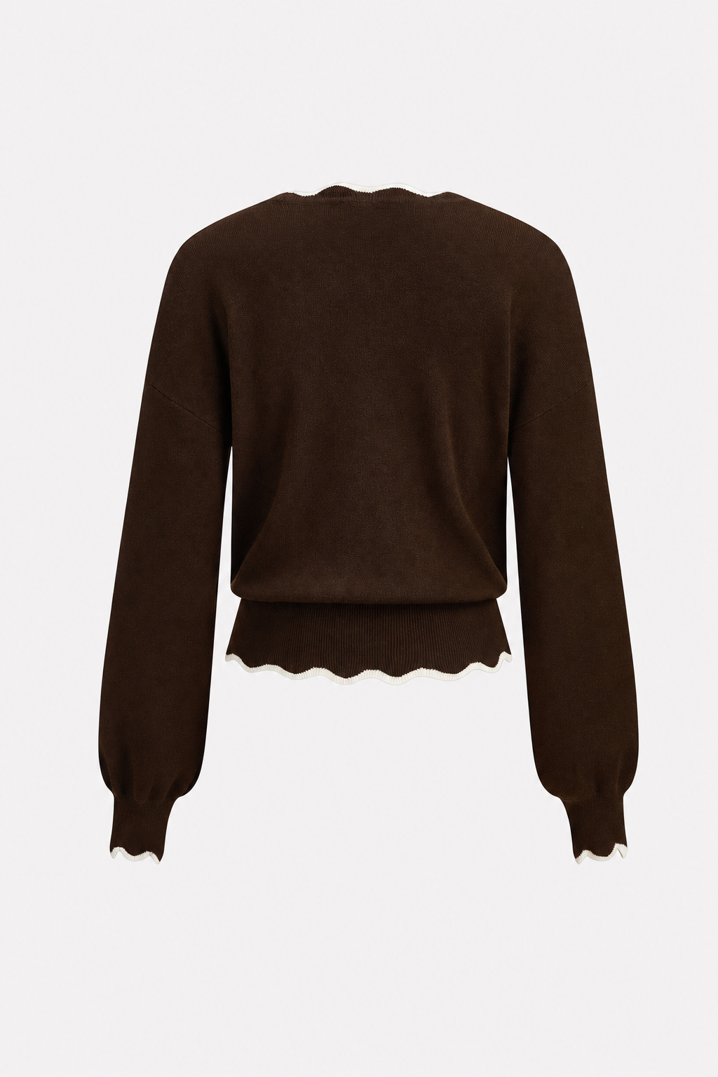 Brown wool blend knit sweater with scallop trim - view 6