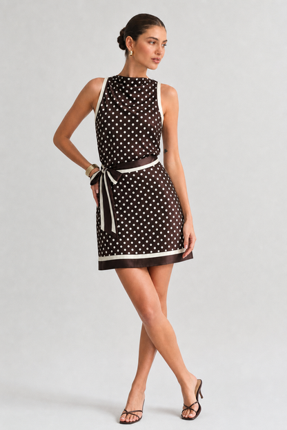 Brown satin polka dot tie-waist mini dress - view 3