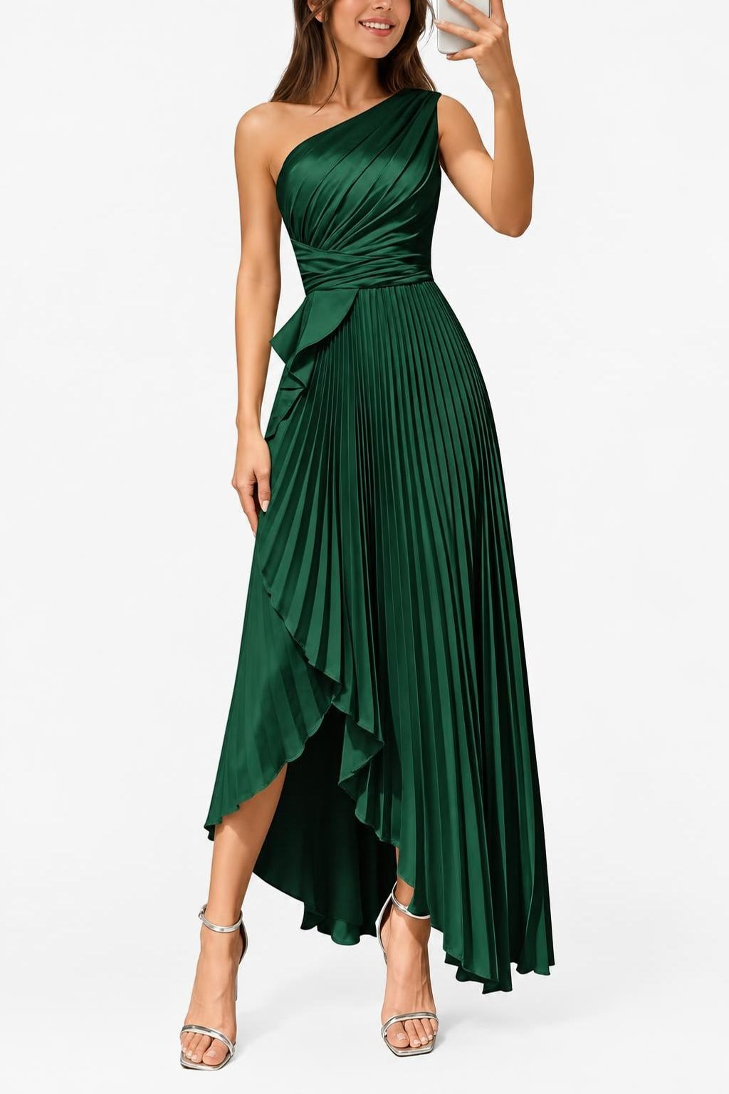 Satin Maxi Dress With One-Shoulder Neckline - 12