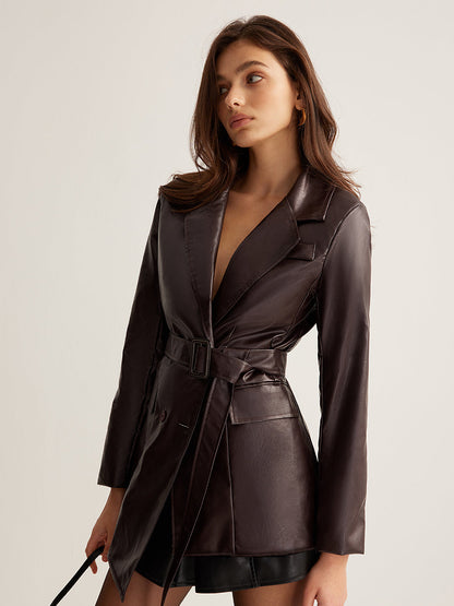 Burgundy Belted Wrap-Front Leather Jacket - view 3