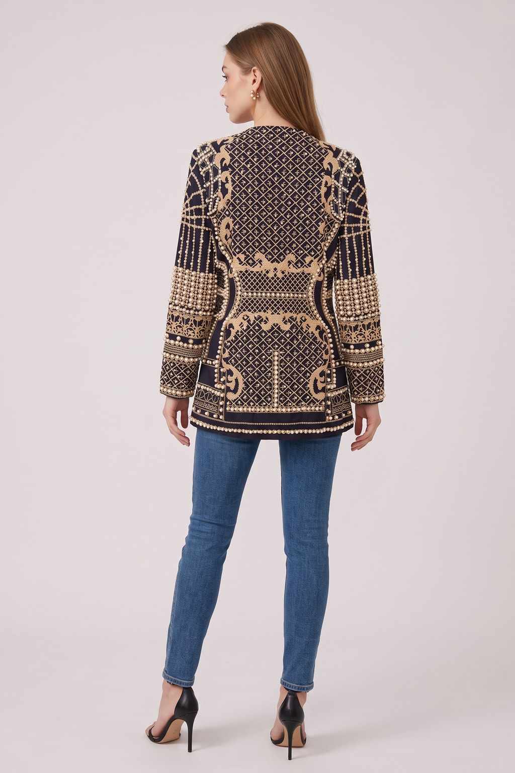 Cotton Blend Beaded V-Neck Blazer Outerwear - 6