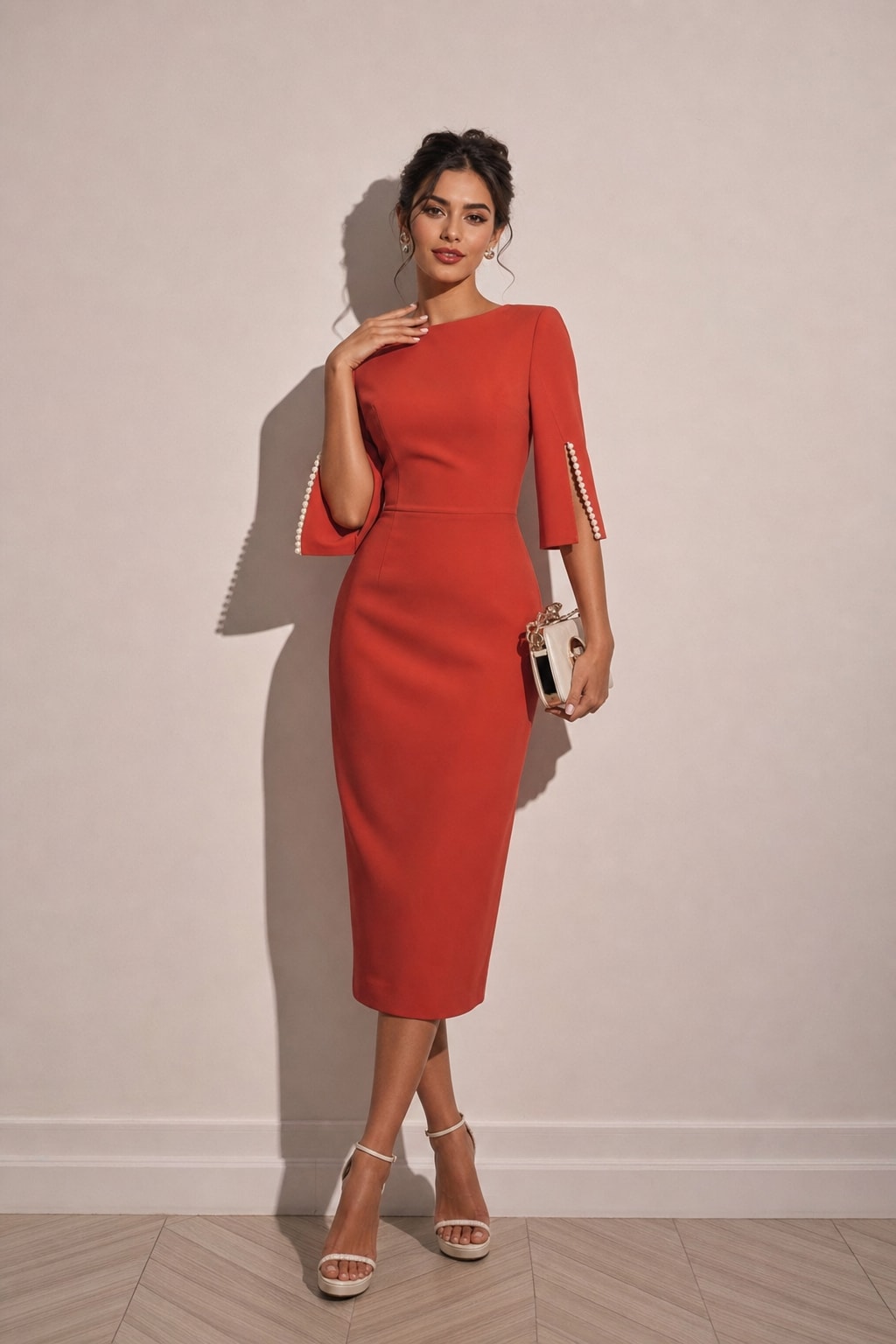 Pearl-Embellished Sheath Midi Dress With Crew Neck - 7