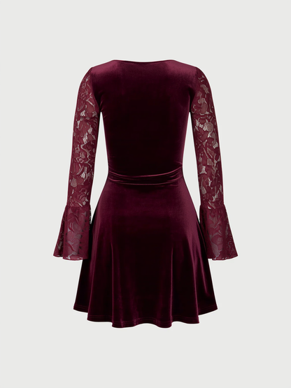 Red velour mini dress with lace splicing - view 6