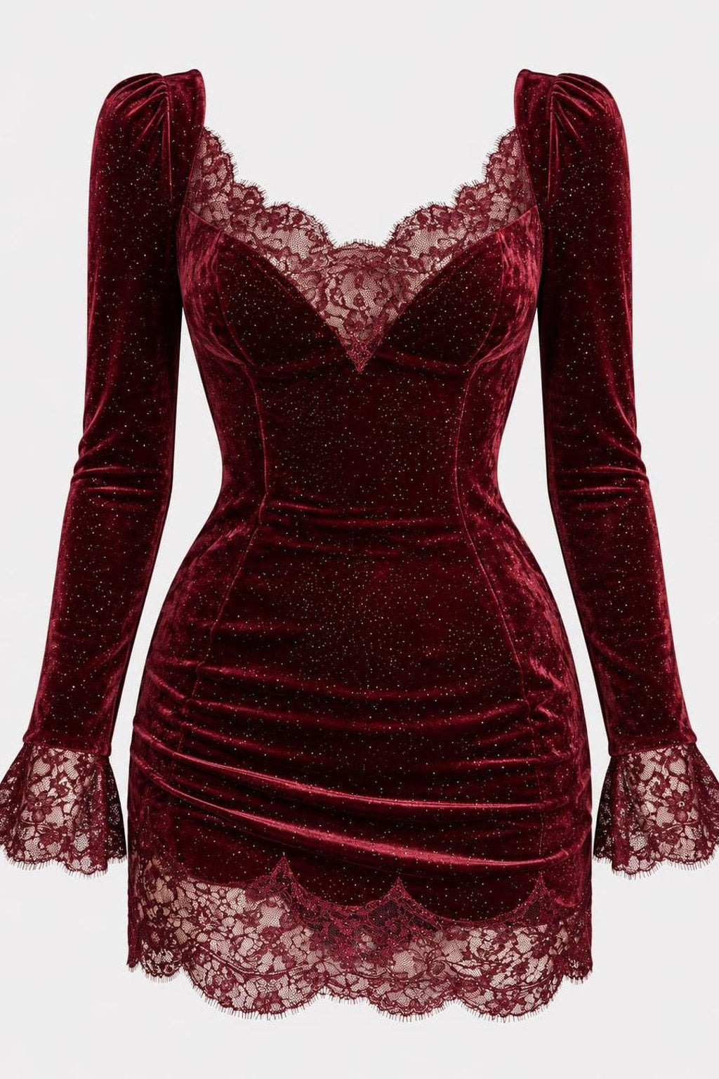 Polyester Velvet Mini Dress With Lace Trim - 1
