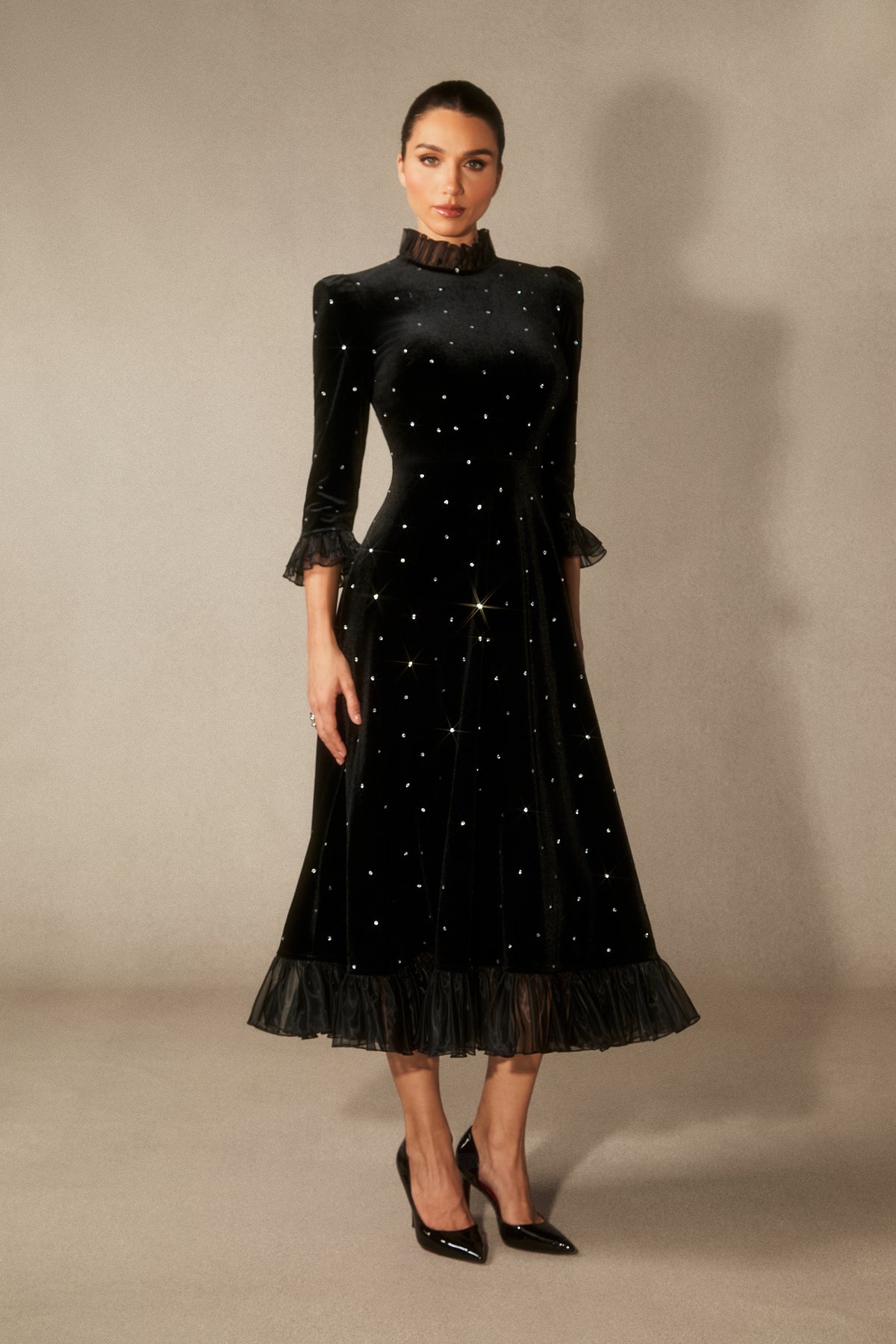 Black velvet diamante ruffle maxi dress - view 2