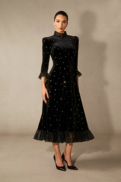 Black velvet diamante ruffle maxi dress - view 2