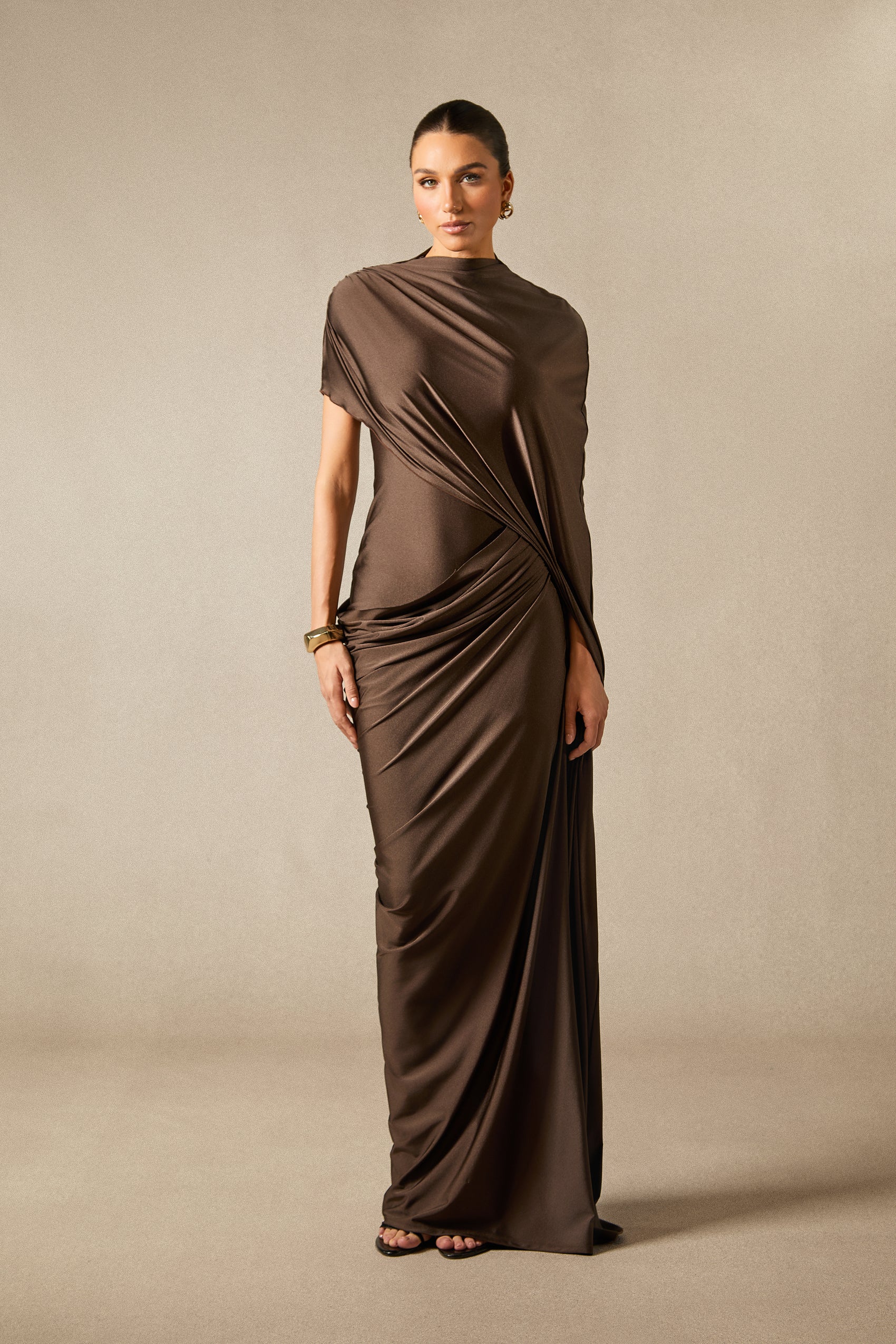 Draped Maxi Dress with Asymmetric Cape Sleeve - view 2