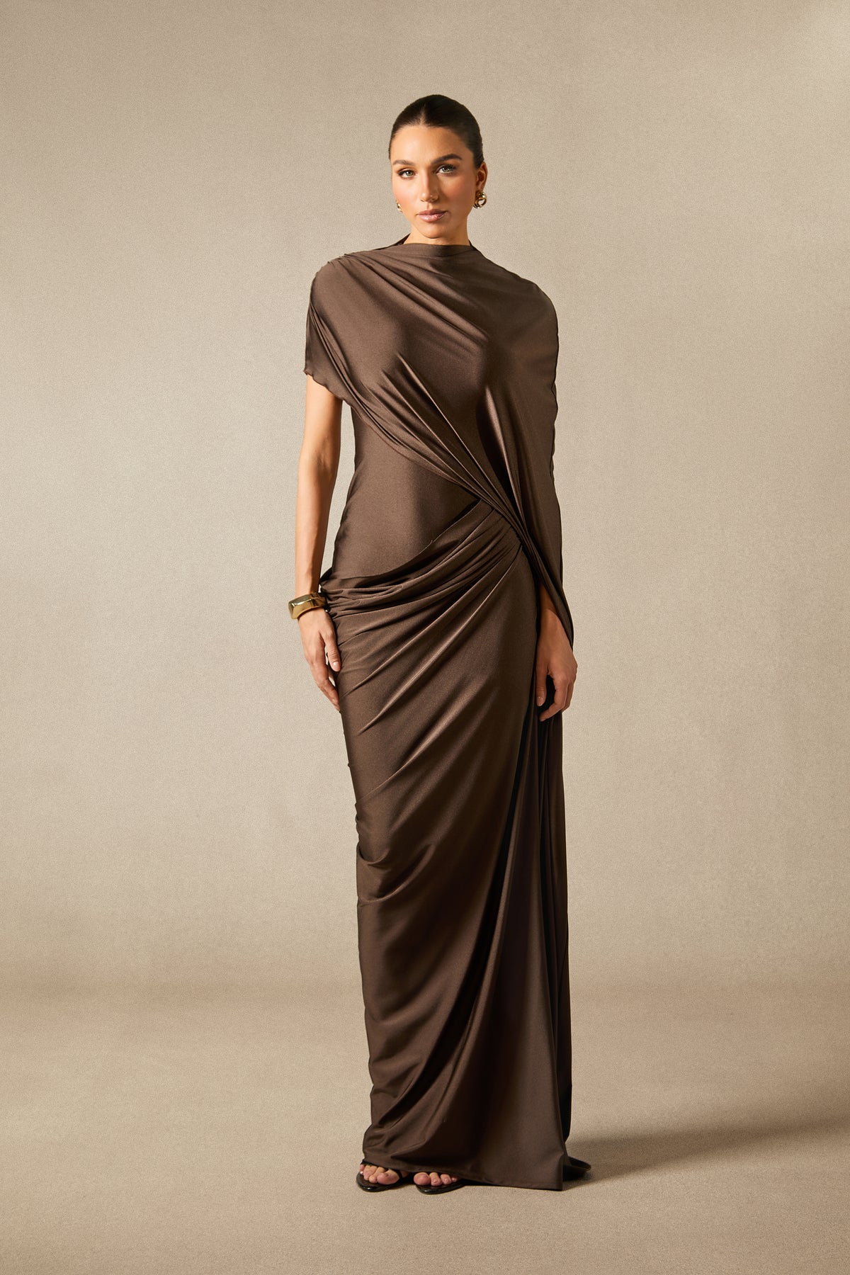Asymmetric Sleeve Draped Maxi Dress For Evening Events - 2