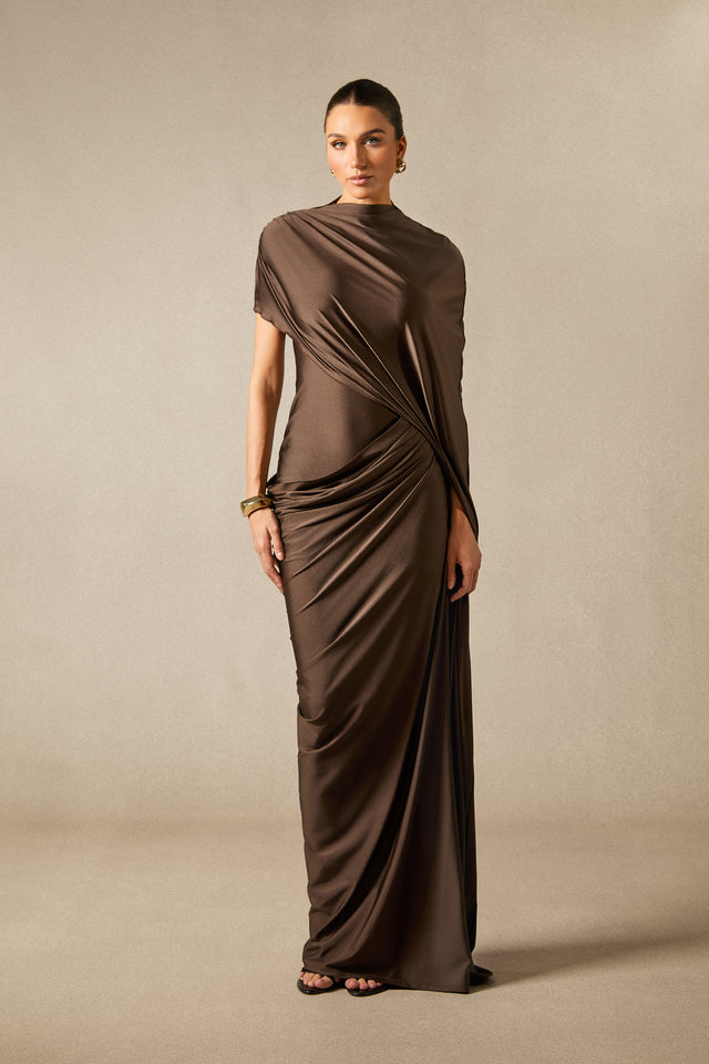 Asymmetric Sleeve Draped Maxi Dress For Evening Events - 2