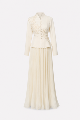 Lace applique peplum jacket and pleated skirt set