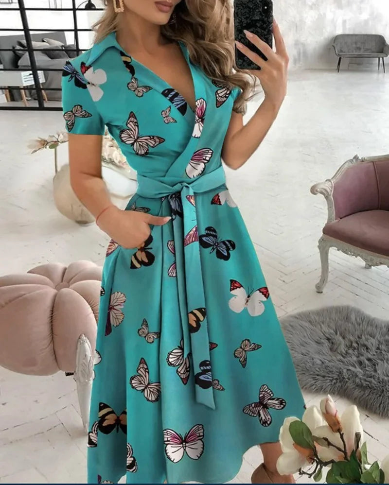 Flowy Wrap Midi Dress with Self-Tie Waist - view 4