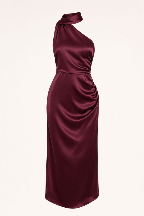 Wine Red One-Shoulder Satin Maxi Dress