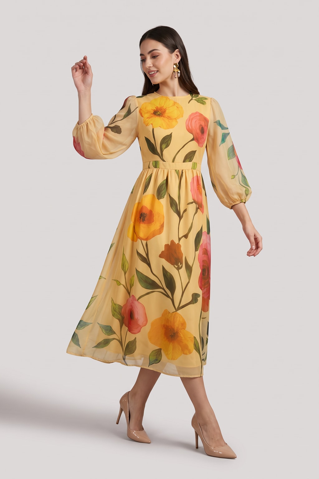 Relaxed Mesh Puff-Sleeve Floral Midi Dress - 2