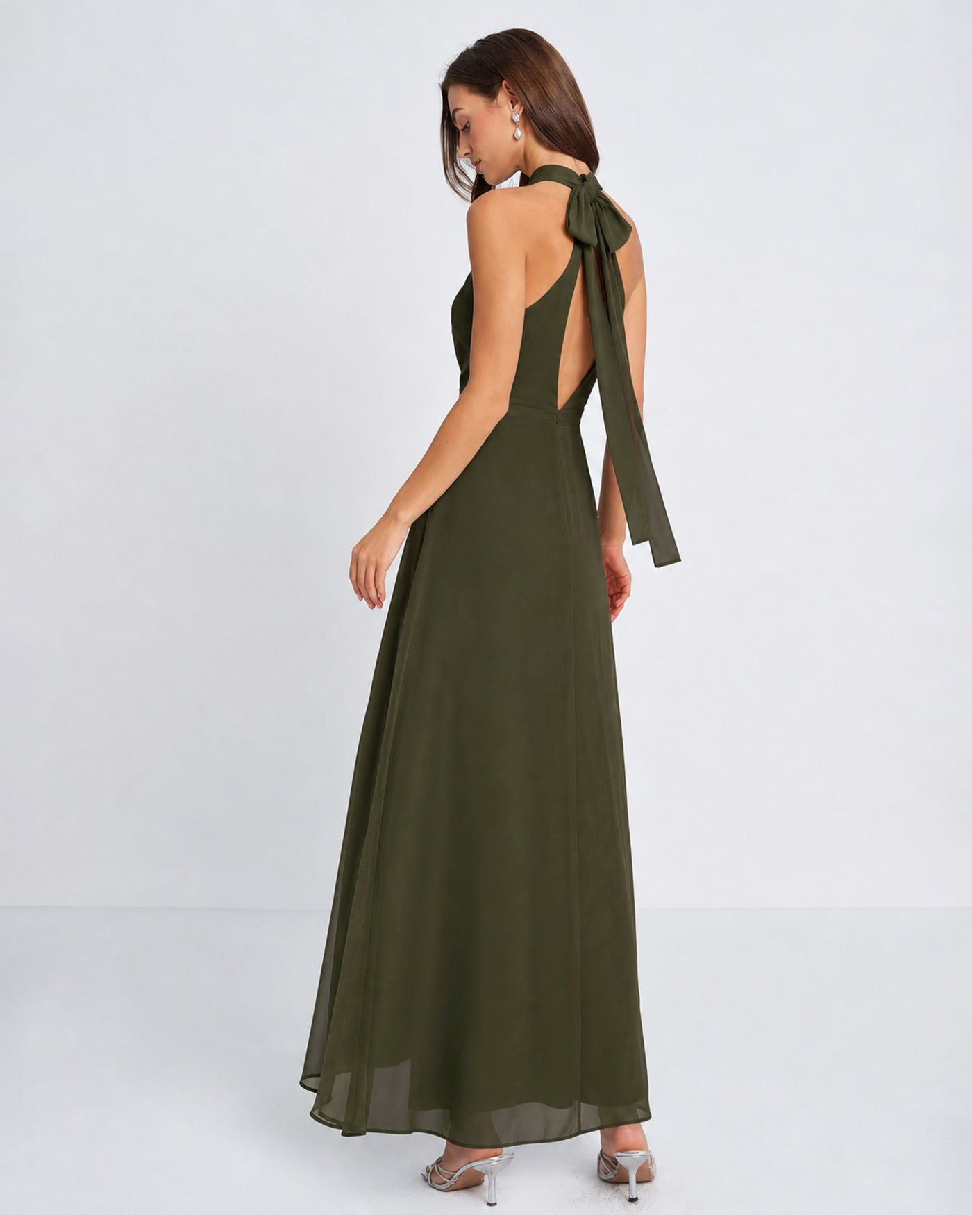 Green Mock Neck Chiffon Maxi Dress, Side Slit - view 4