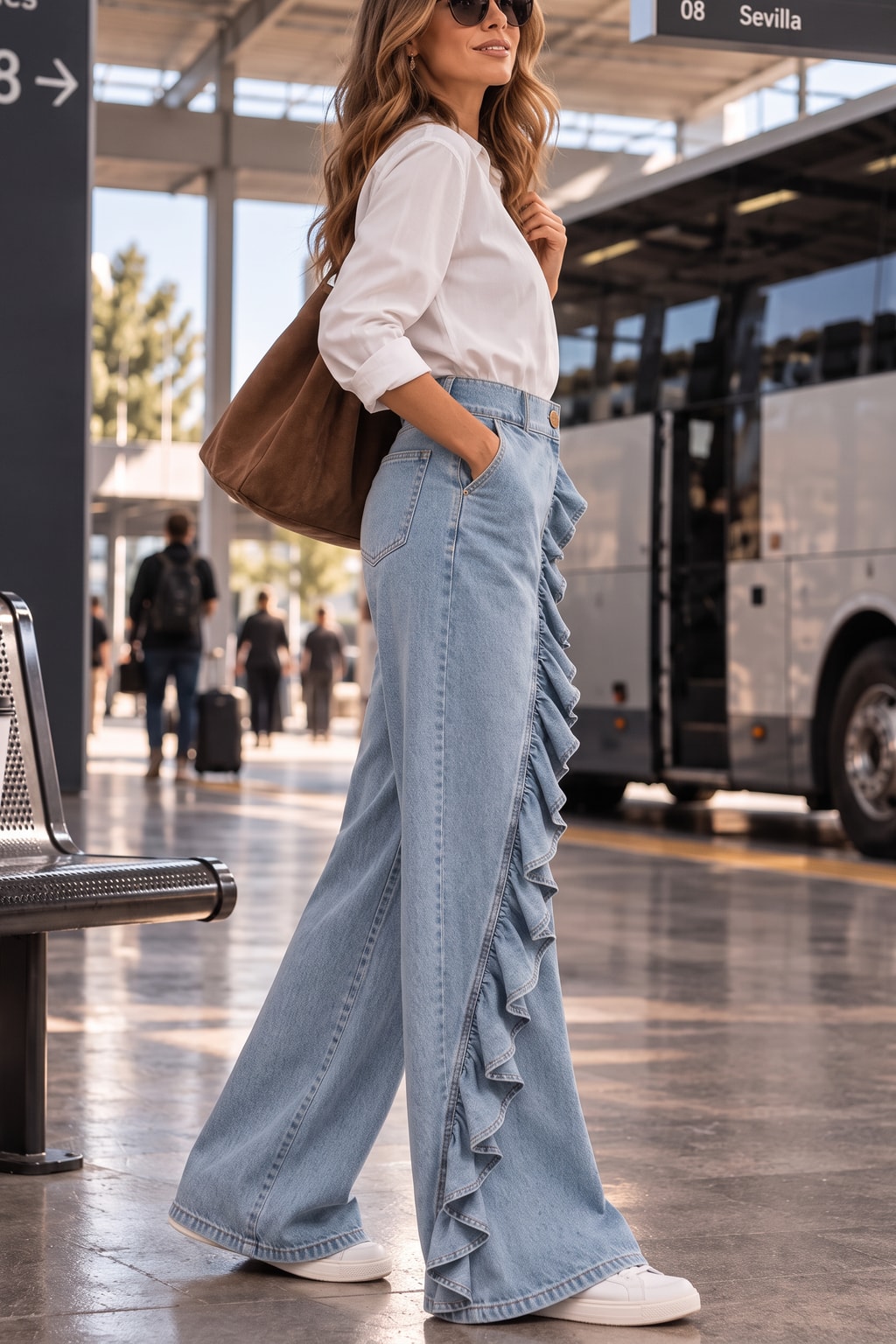 Denim Wide Leg Jeans With Ruffle Trim - 3