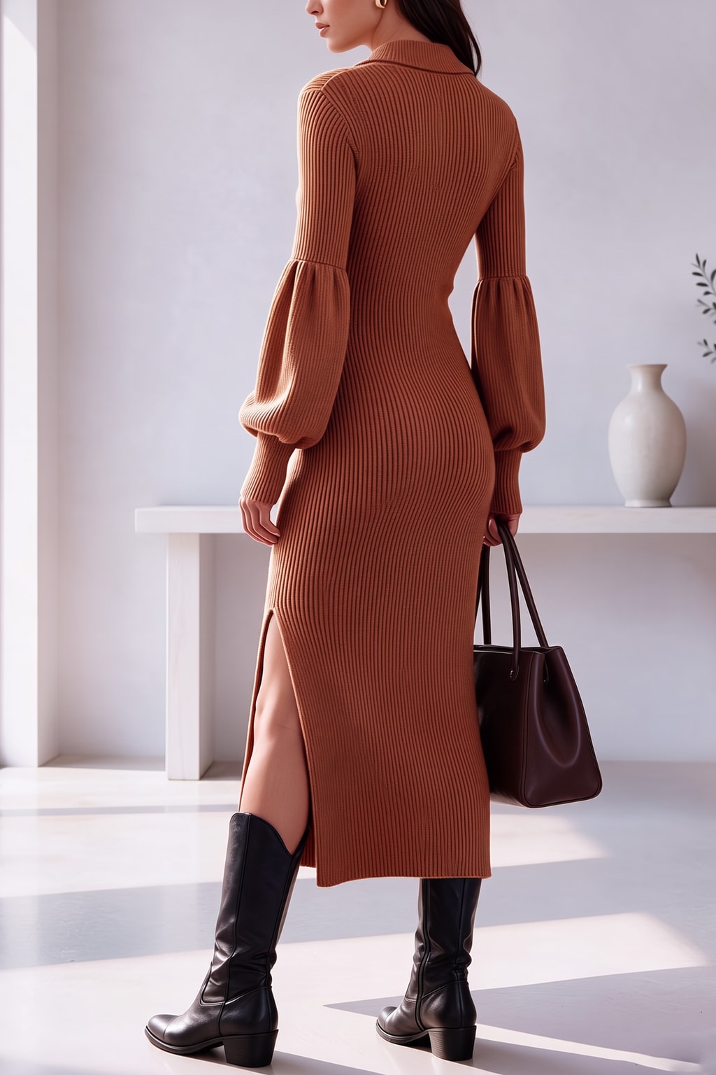 Ribbed Knit Midi Dress With Lantern Sleeves - 3