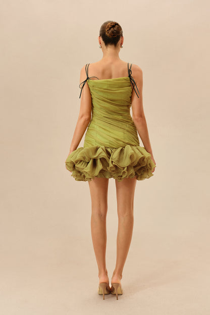 Olive ruched mini dress with ruffle hem - view 4