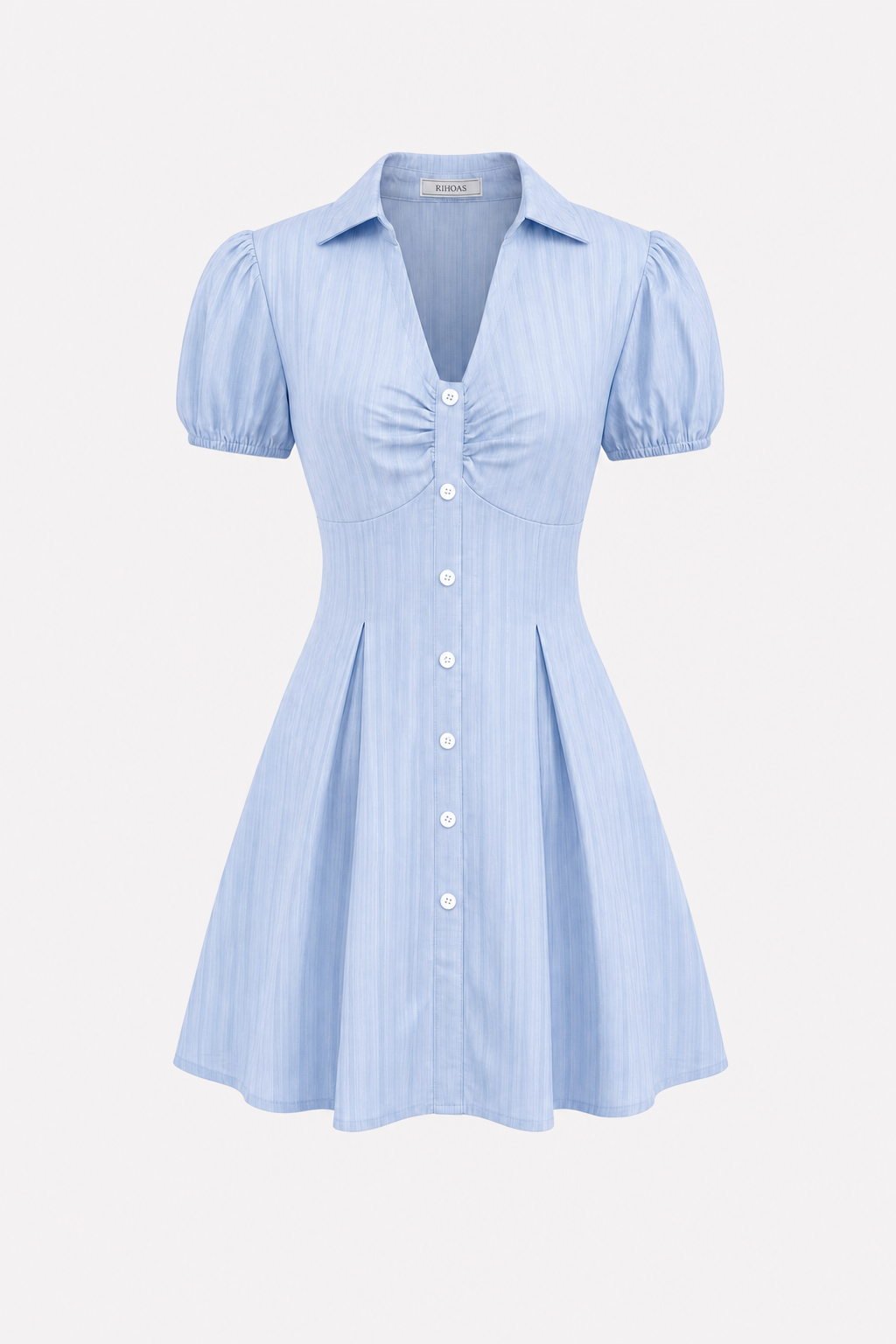 Blue Cotton Puff Sleeve Button Mini Dress