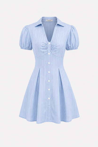 Blue Cotton Puff Sleeve Button Mini Dress