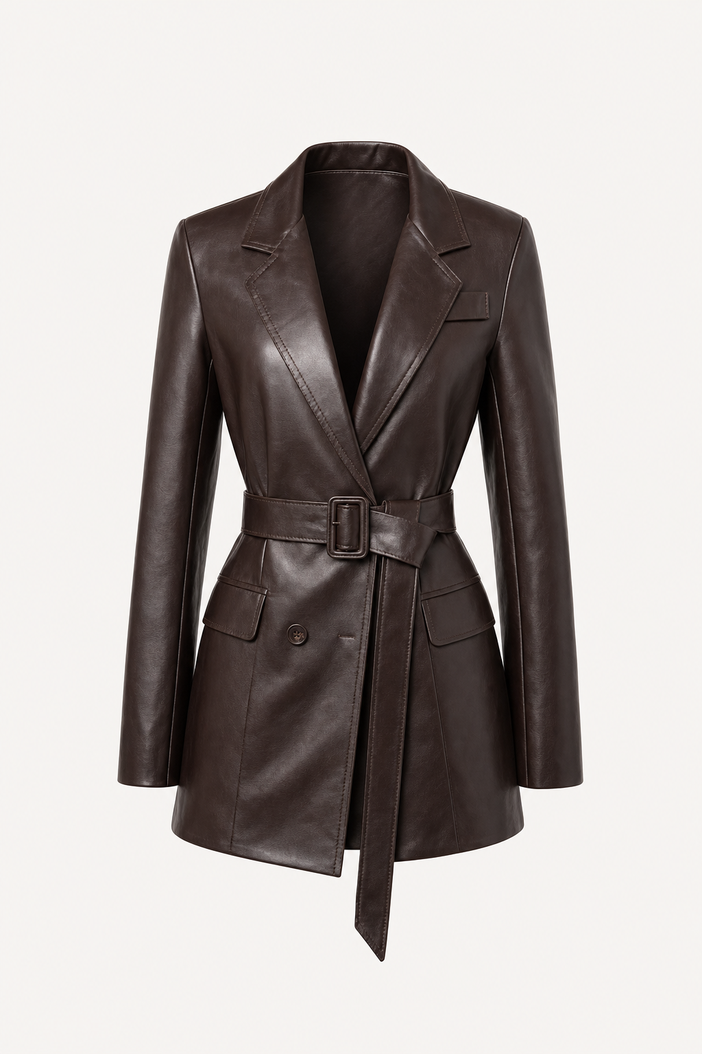 Burgundy Belted Wrap-Front Leather Jacket