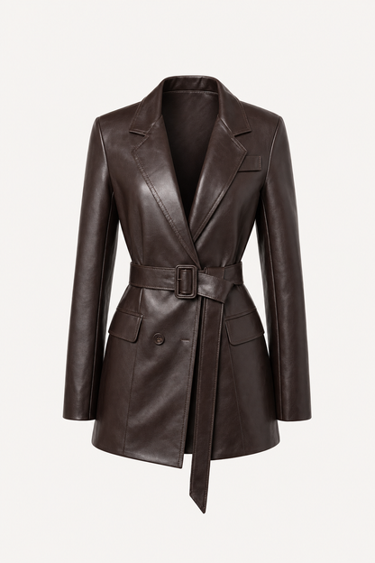 Burgundy Belted Wrap-Front Leather Jacket