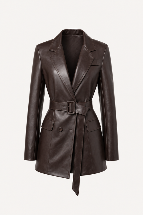 Burgundy Belted Wrap-Front Leather Jacket