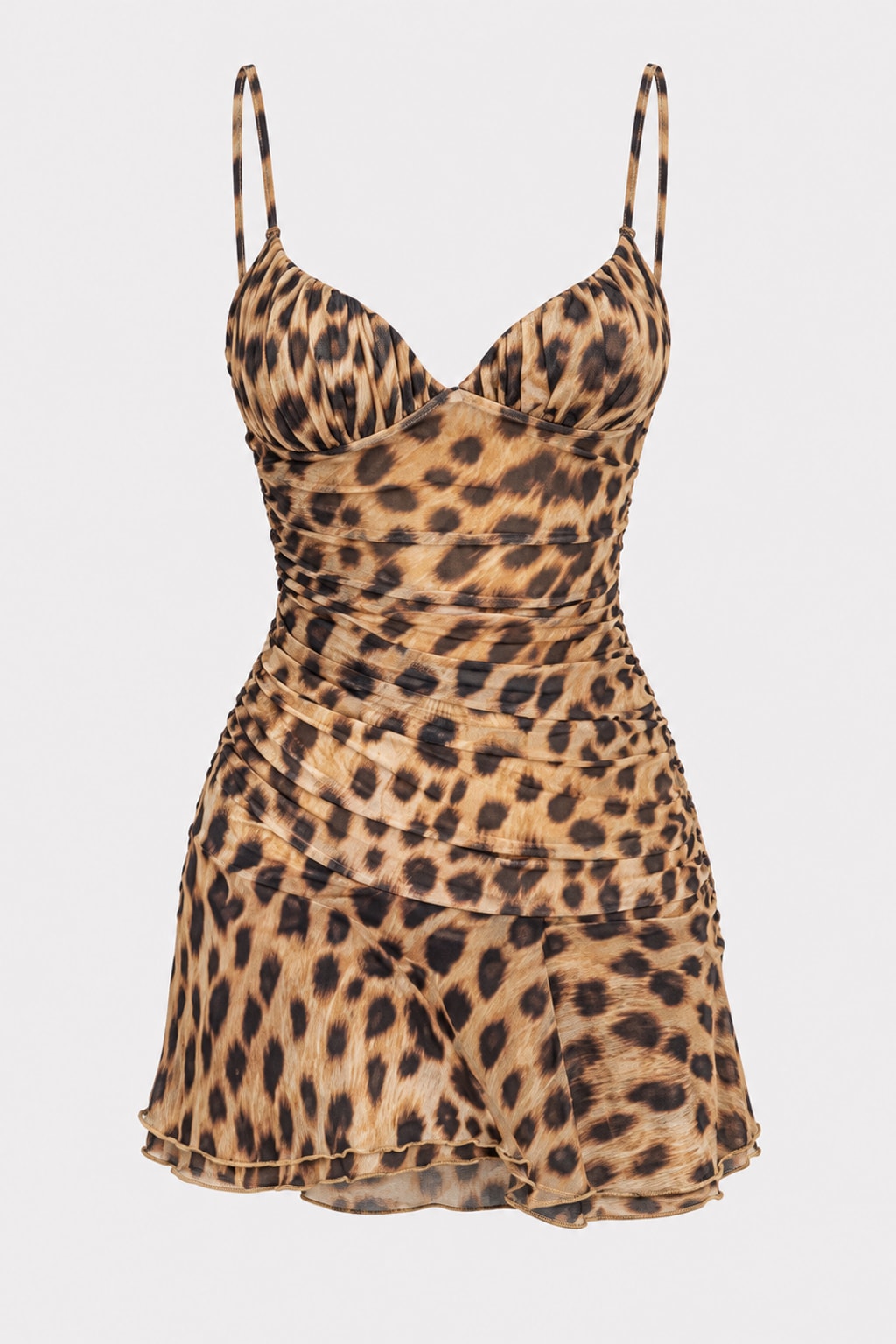 Leopard print mesh mini slip dress with gathered bust cups, a ruched body and a flared swing hem
