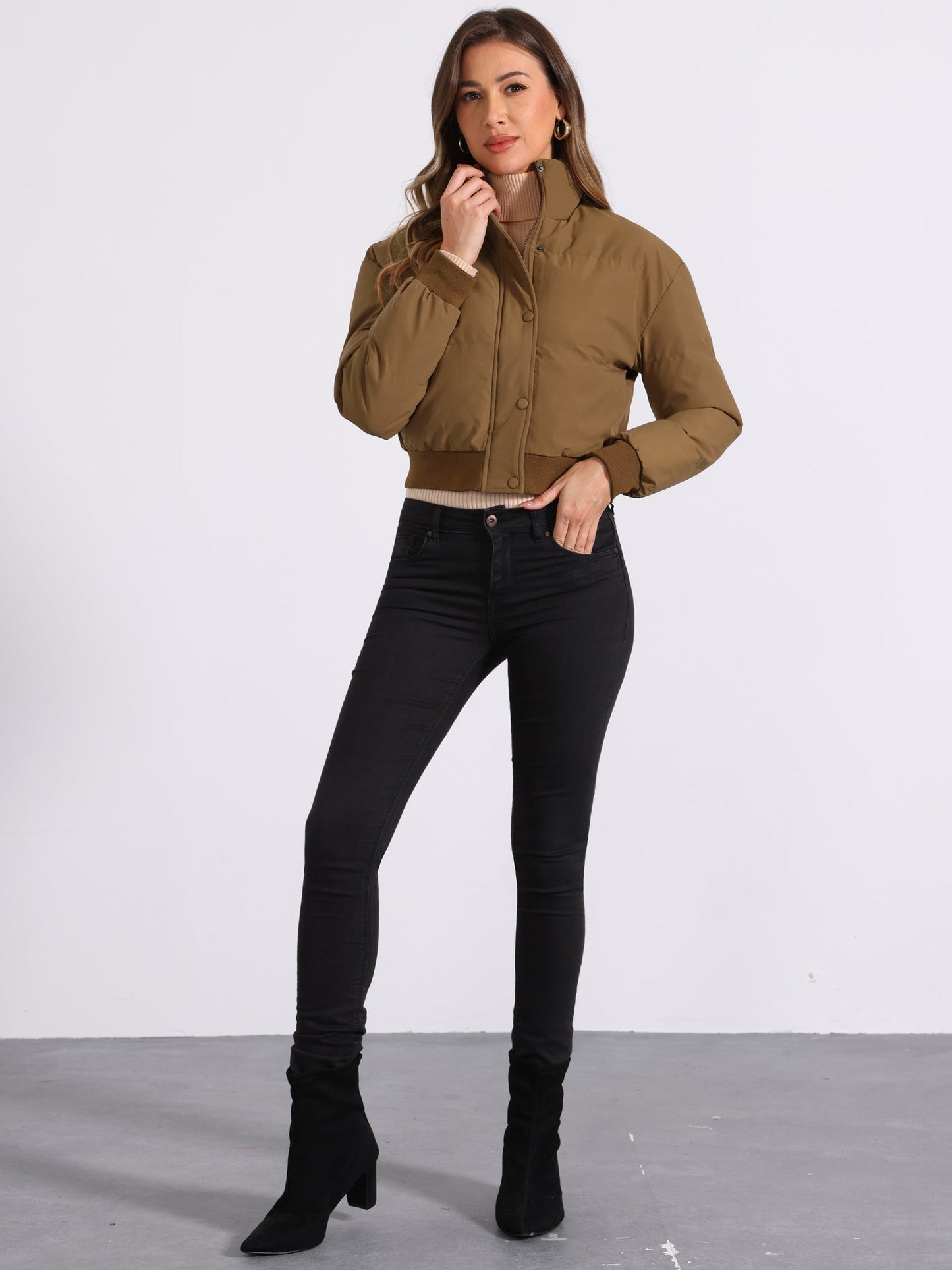 Padded Cropped Bomber Jacket With Stand Collar - view 8