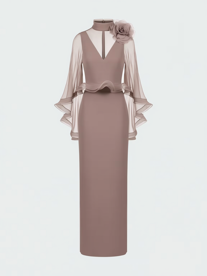 Pink 3D Floral Mesh Cape Sleeve Maxi Dress