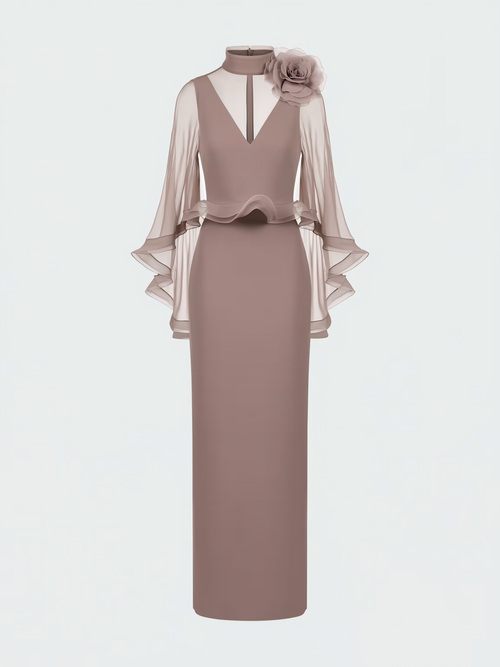 Pink 3D Floral Mesh Cape Sleeve Maxi Dress