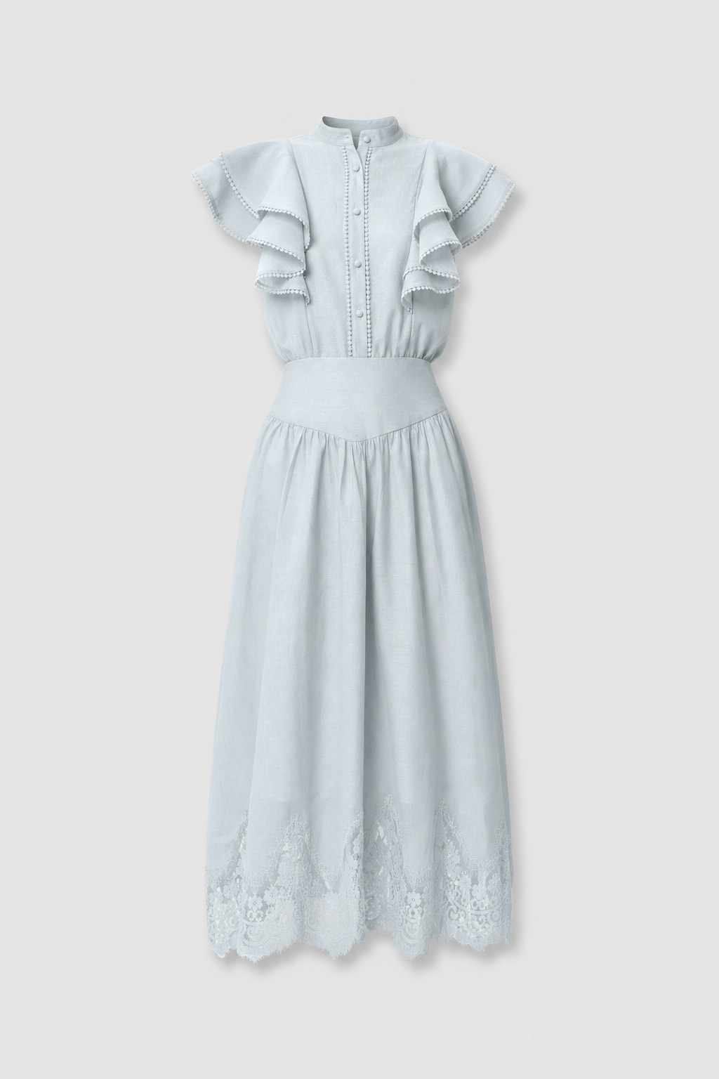 Woven Ruffle-Sleeve Blouse & Lace-Hem Skirt Set - 1