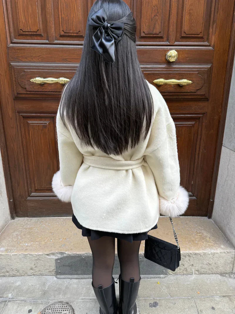 Faux Fur Collar Jacket with Cinched Waist - view 16