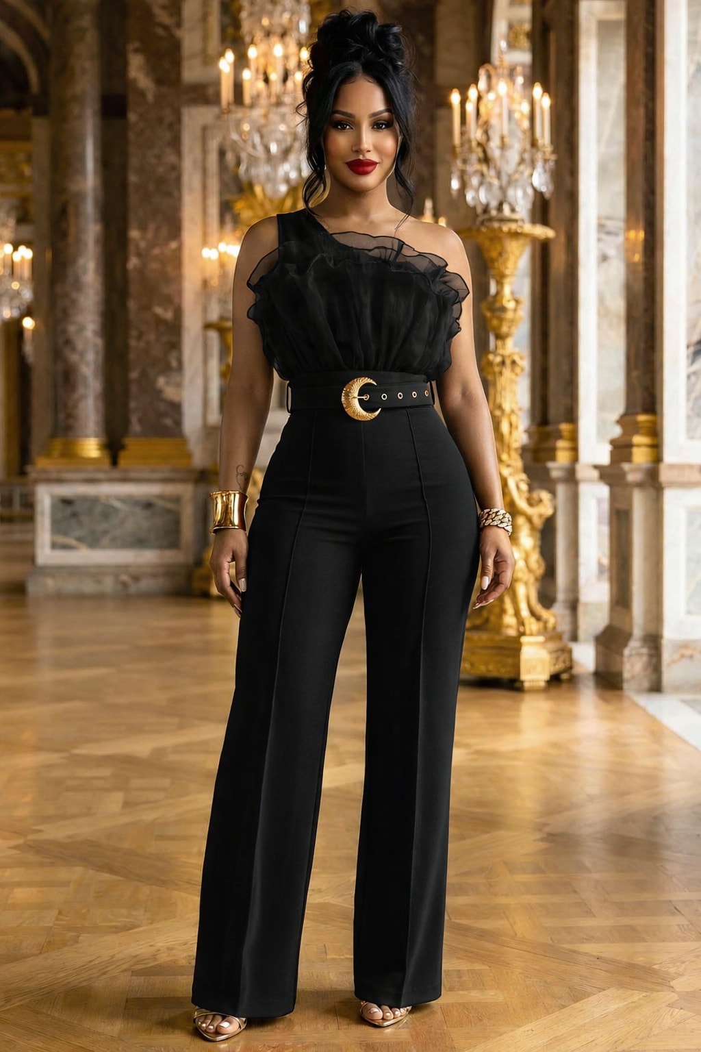 Poly-Spandex Organza One-Shoulder Jumpsuit With Belt - 6