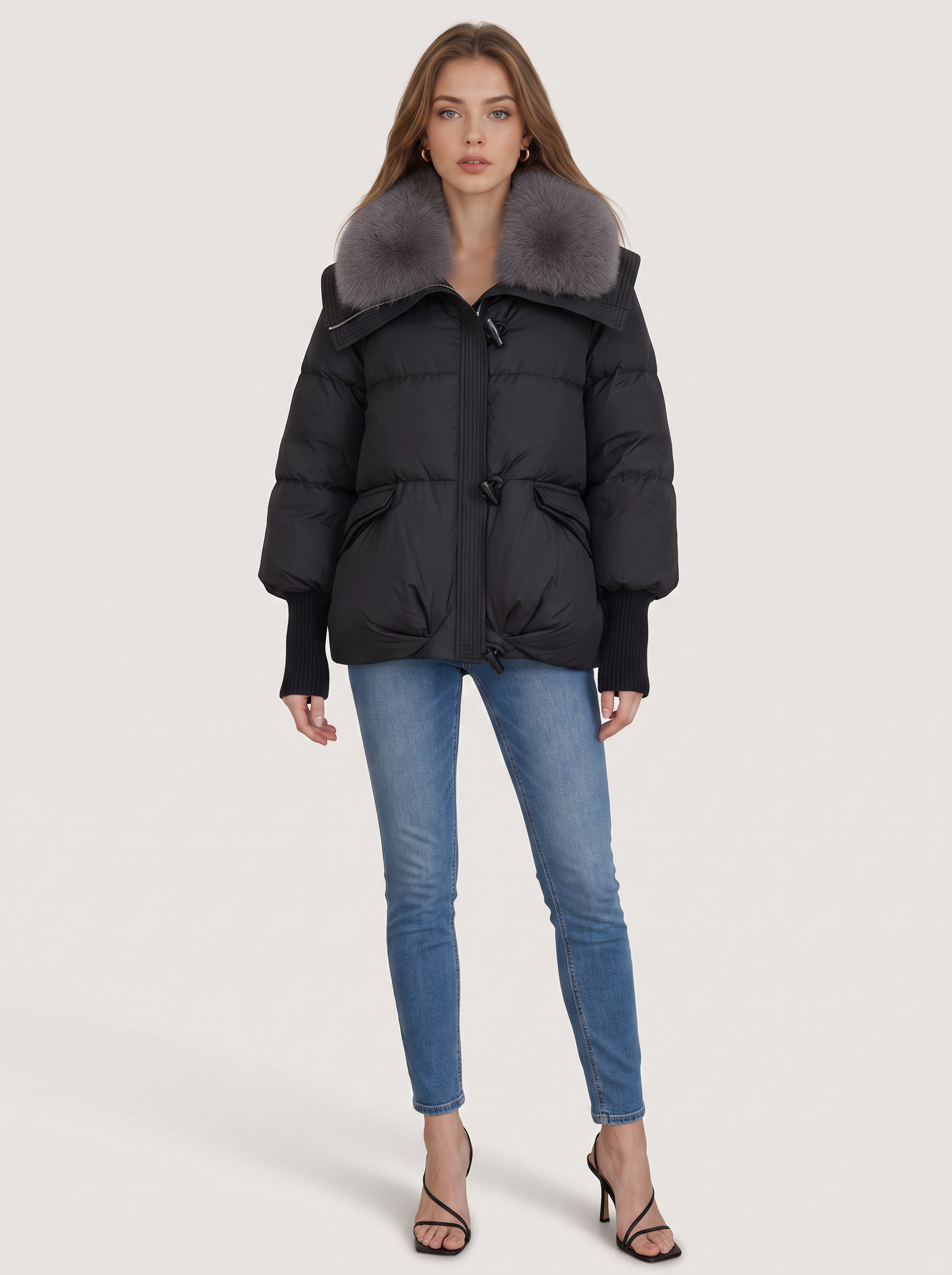 Faux fur collar quilted puffer jacket with hood - view 2