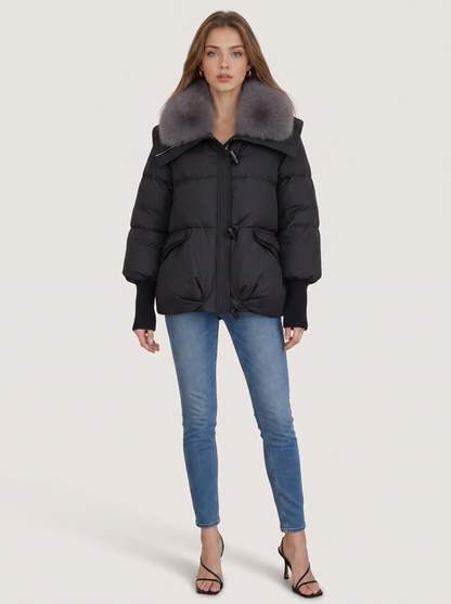 Faux fur collar quilted puffer jacket with hood - view 2