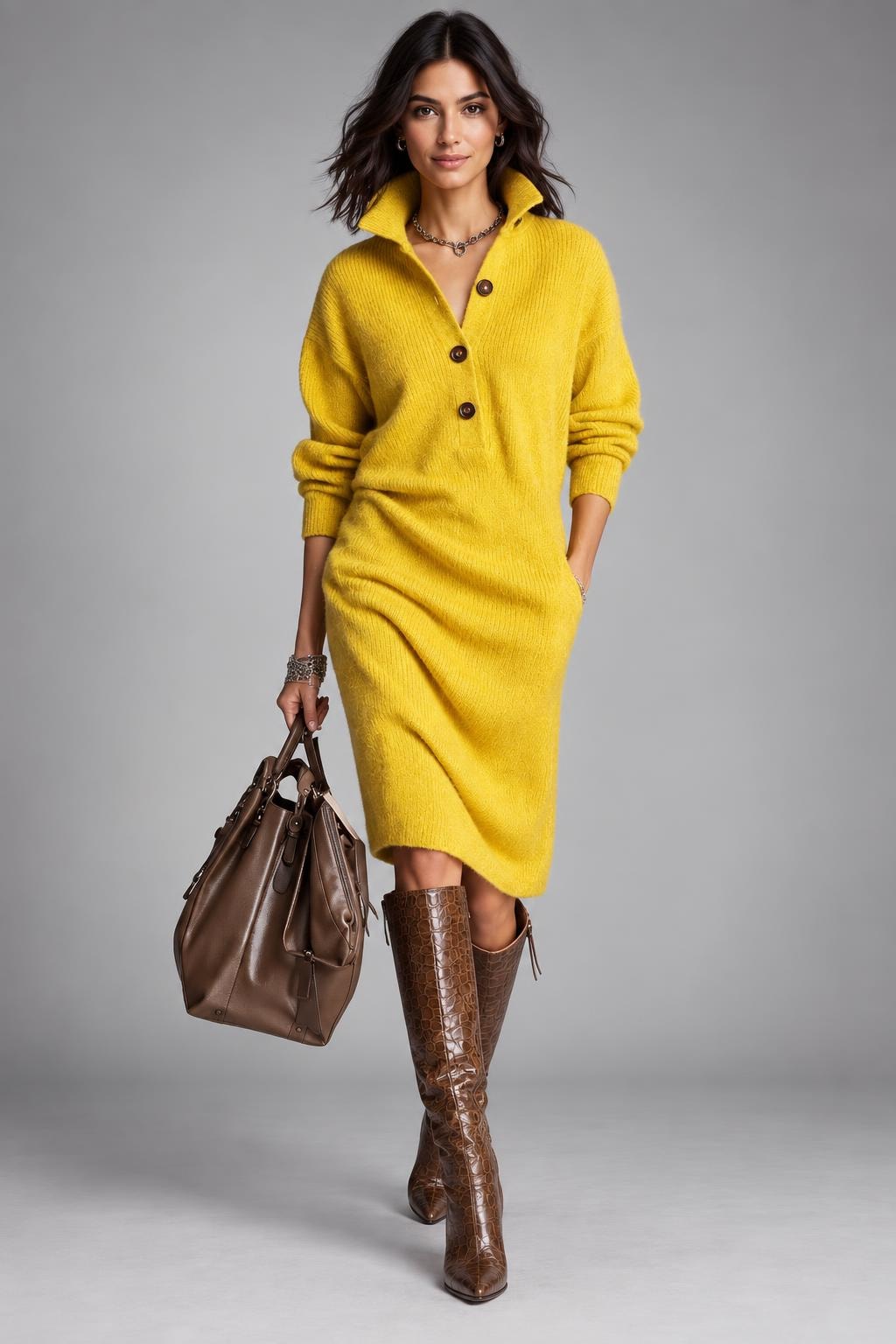 Midi Dress With Button-Collar Neckline - 7
