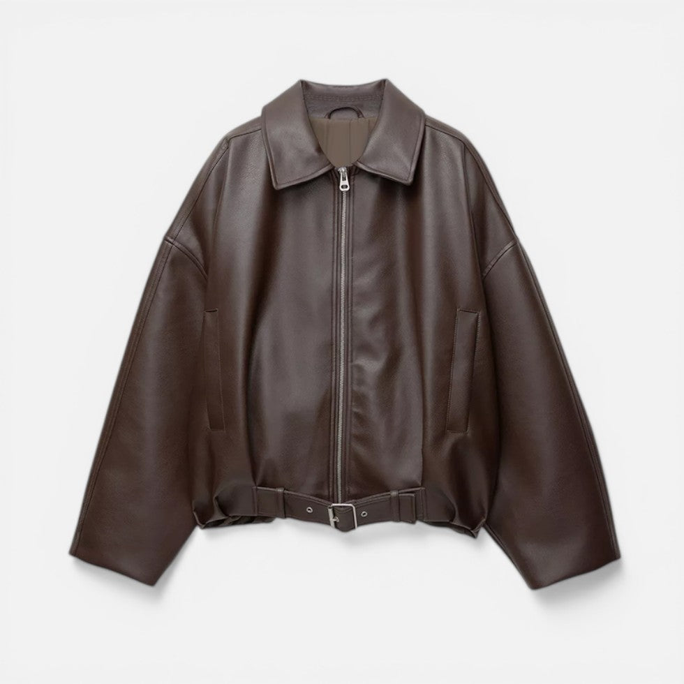 Faux Leather Bomber Jacket with Belted Waist - view 6