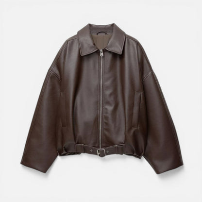 Faux Leather Bomber Jacket with Belted Waist - view 6