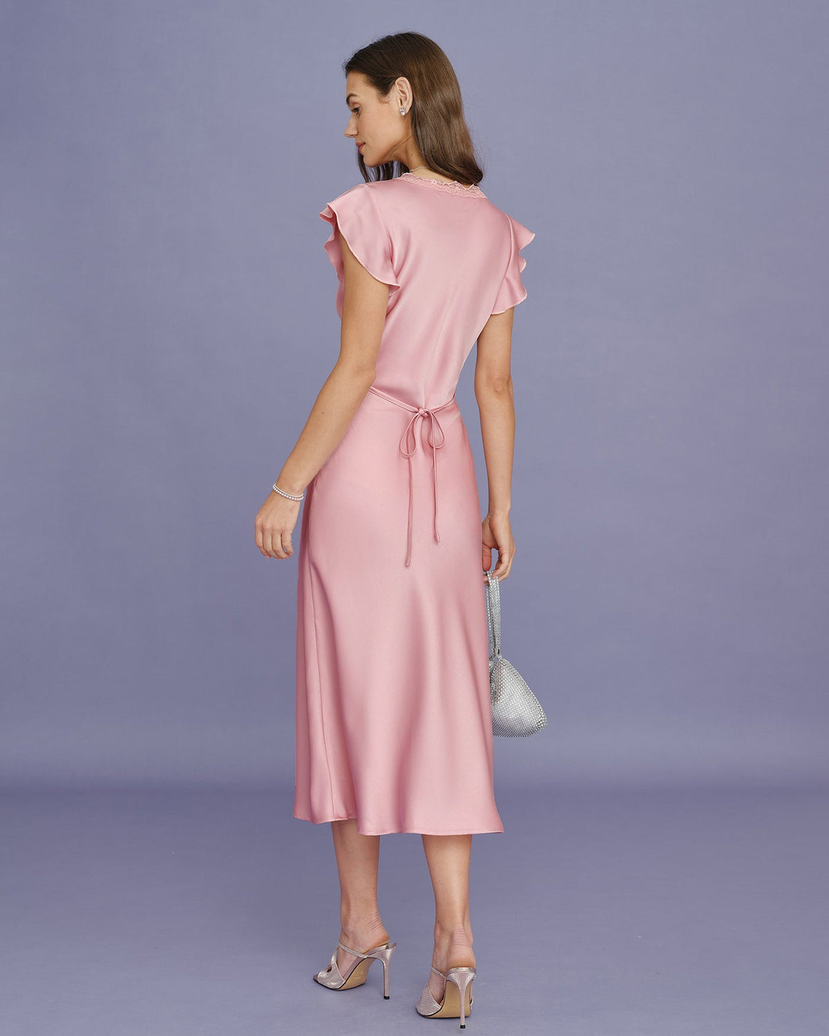 Pink V-Neck Lace Satin Midi Dress - view 4