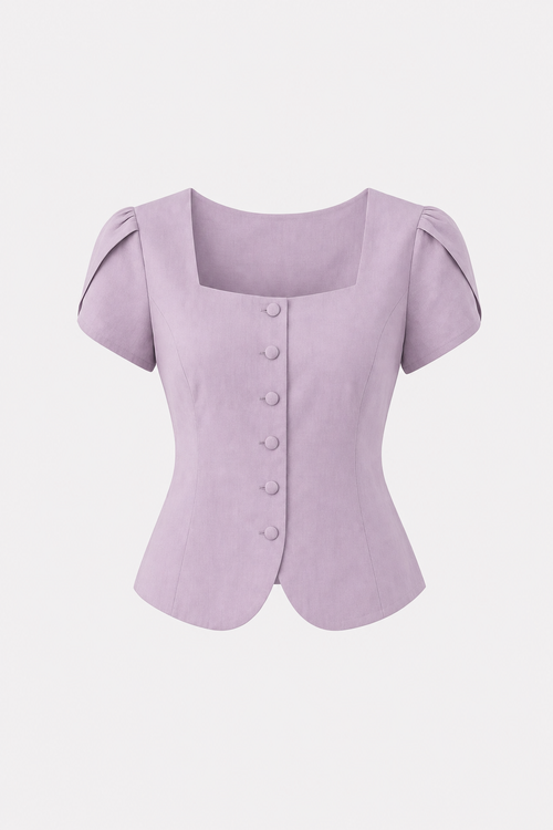 Purple square neck petal sleeve cotton blouse