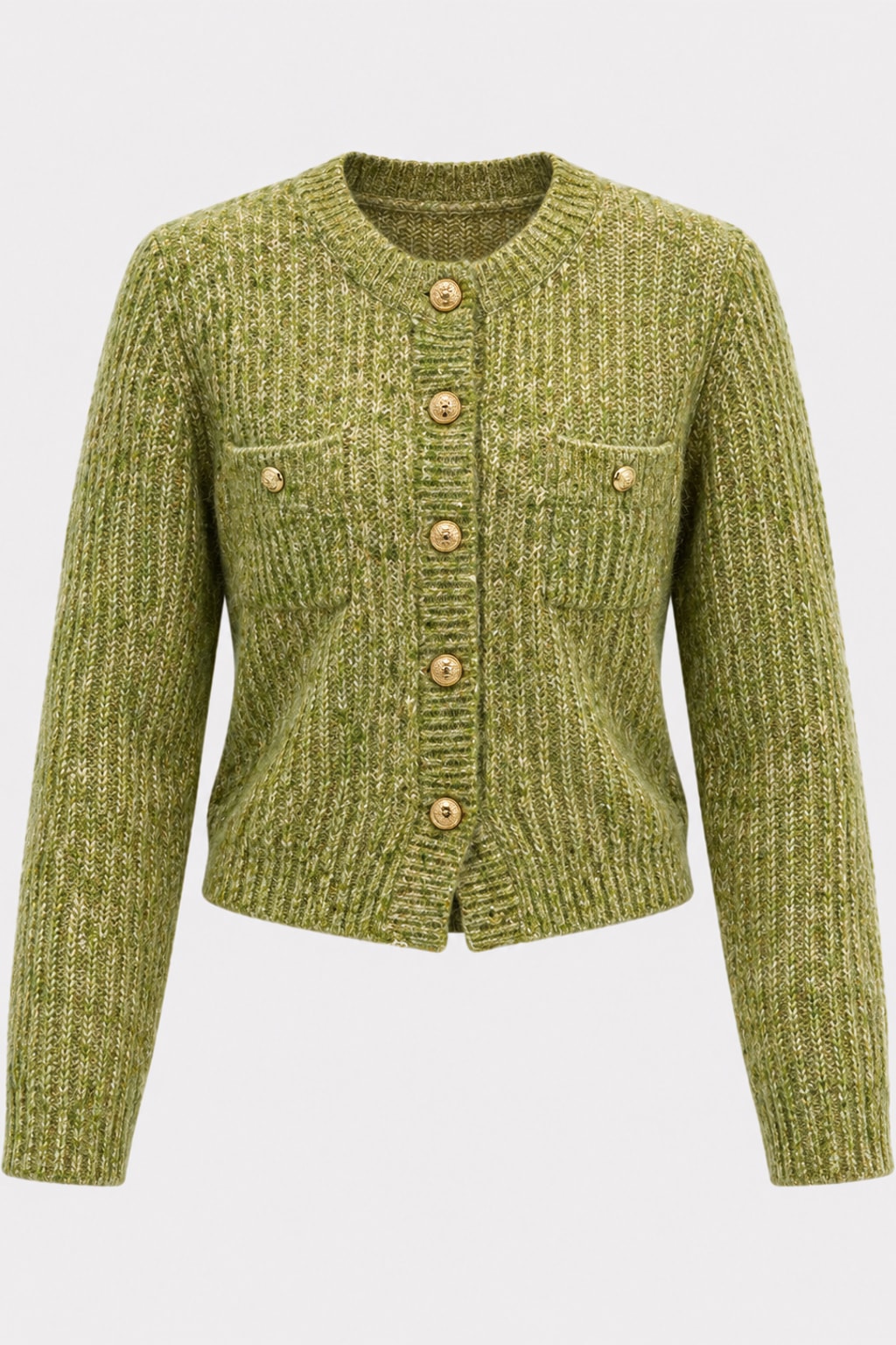 Knit Cardigan Crew Neck Sweater with Metal Buttons - 1