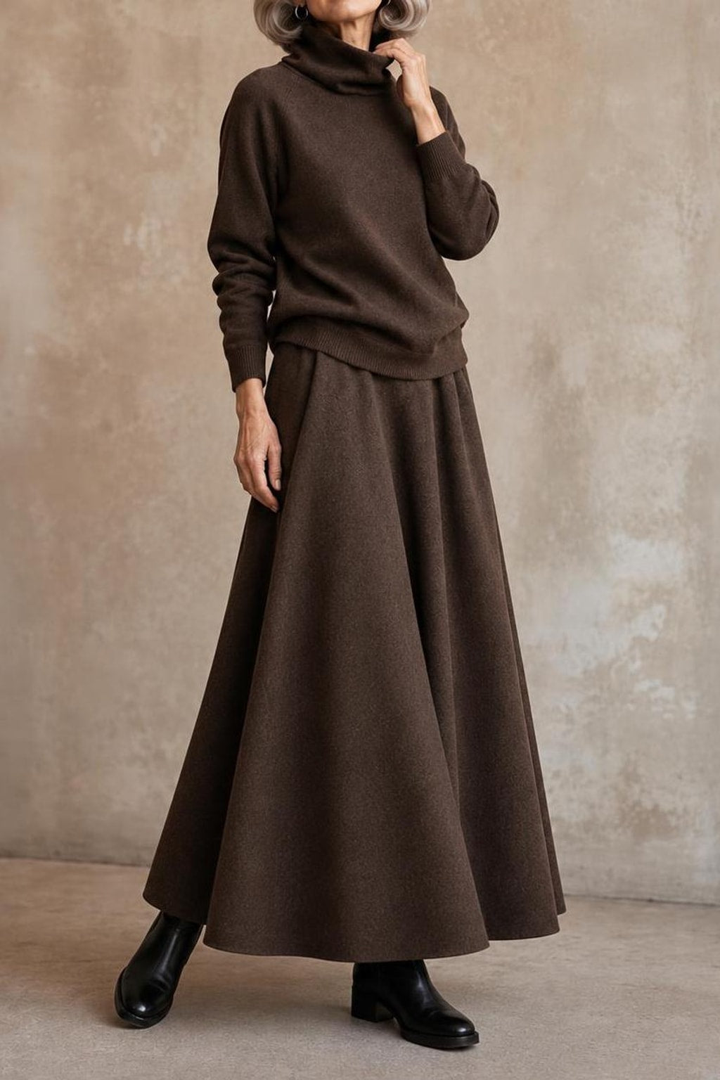Fleece Knit Turtleneck Sweater And Maxi Skirt Set - 4