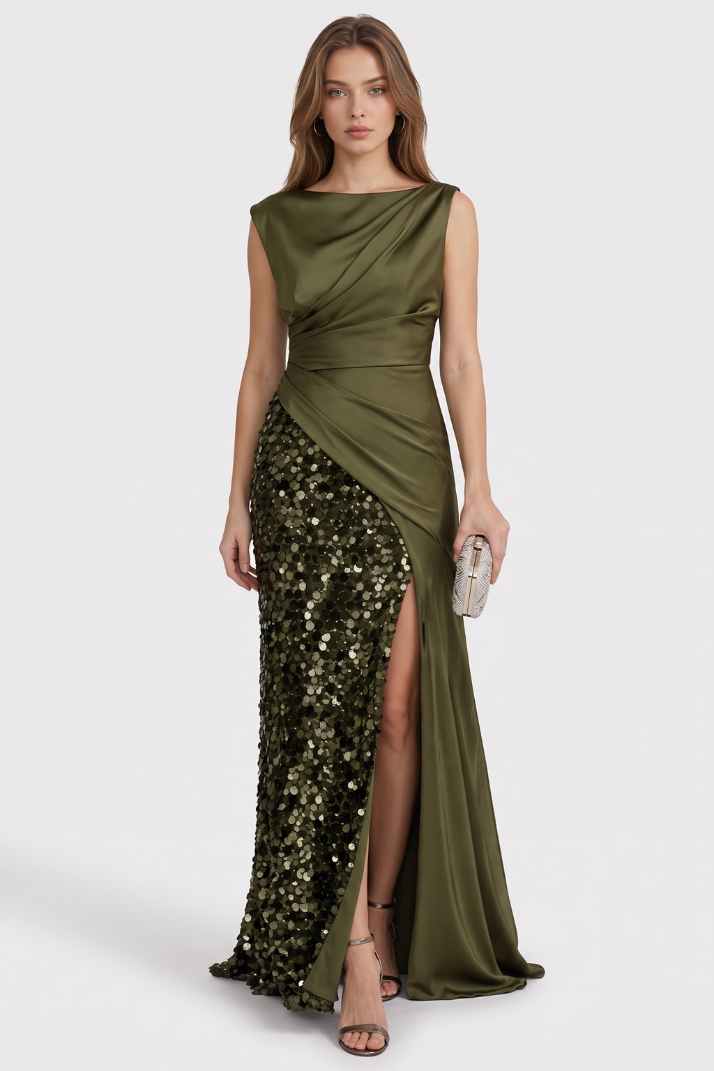 Satin Sequin Maxi Dress with Ruched Waist and Boat Neck - 2