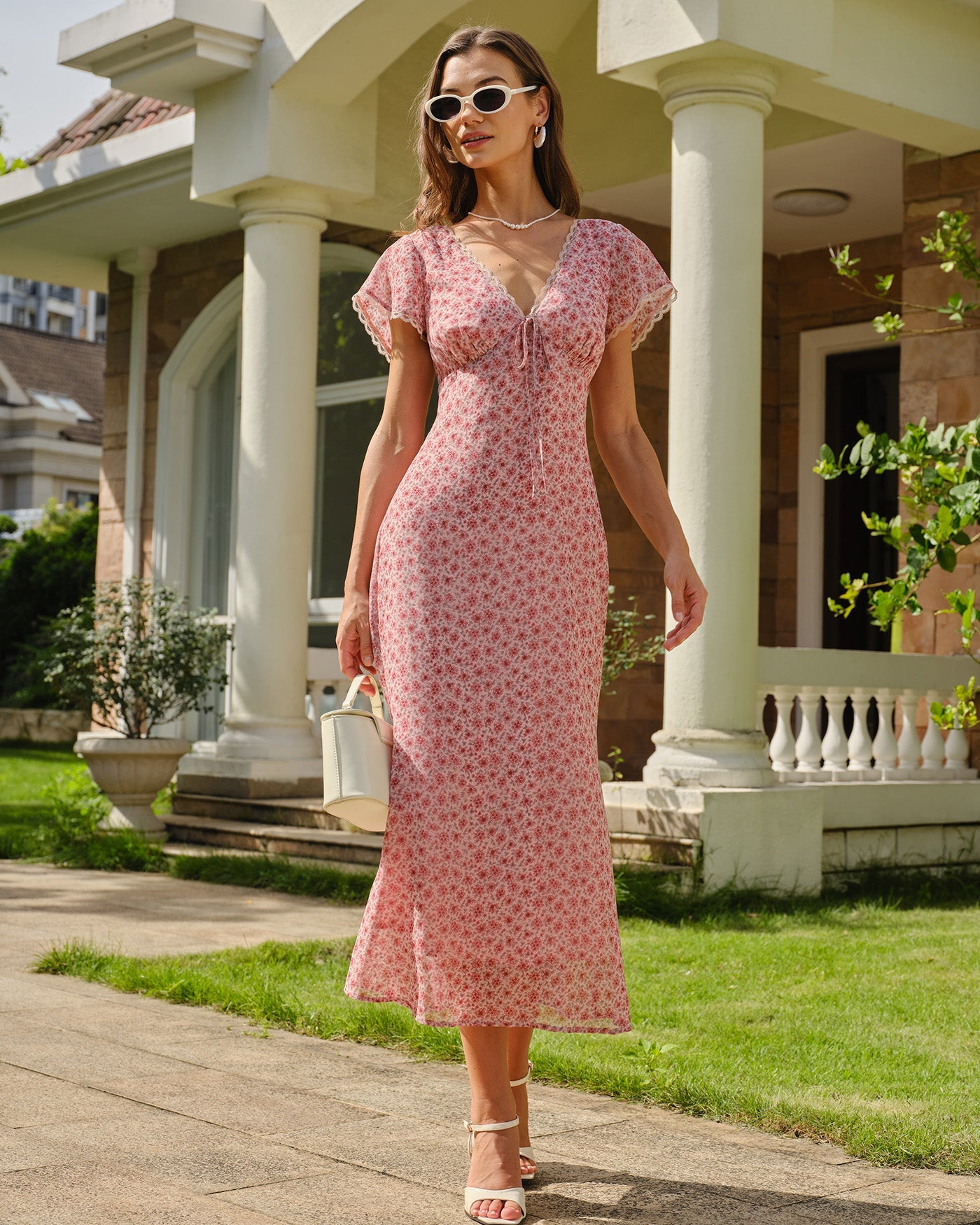 Pink Floral Lace Mermaid Midi Dress - view 2
