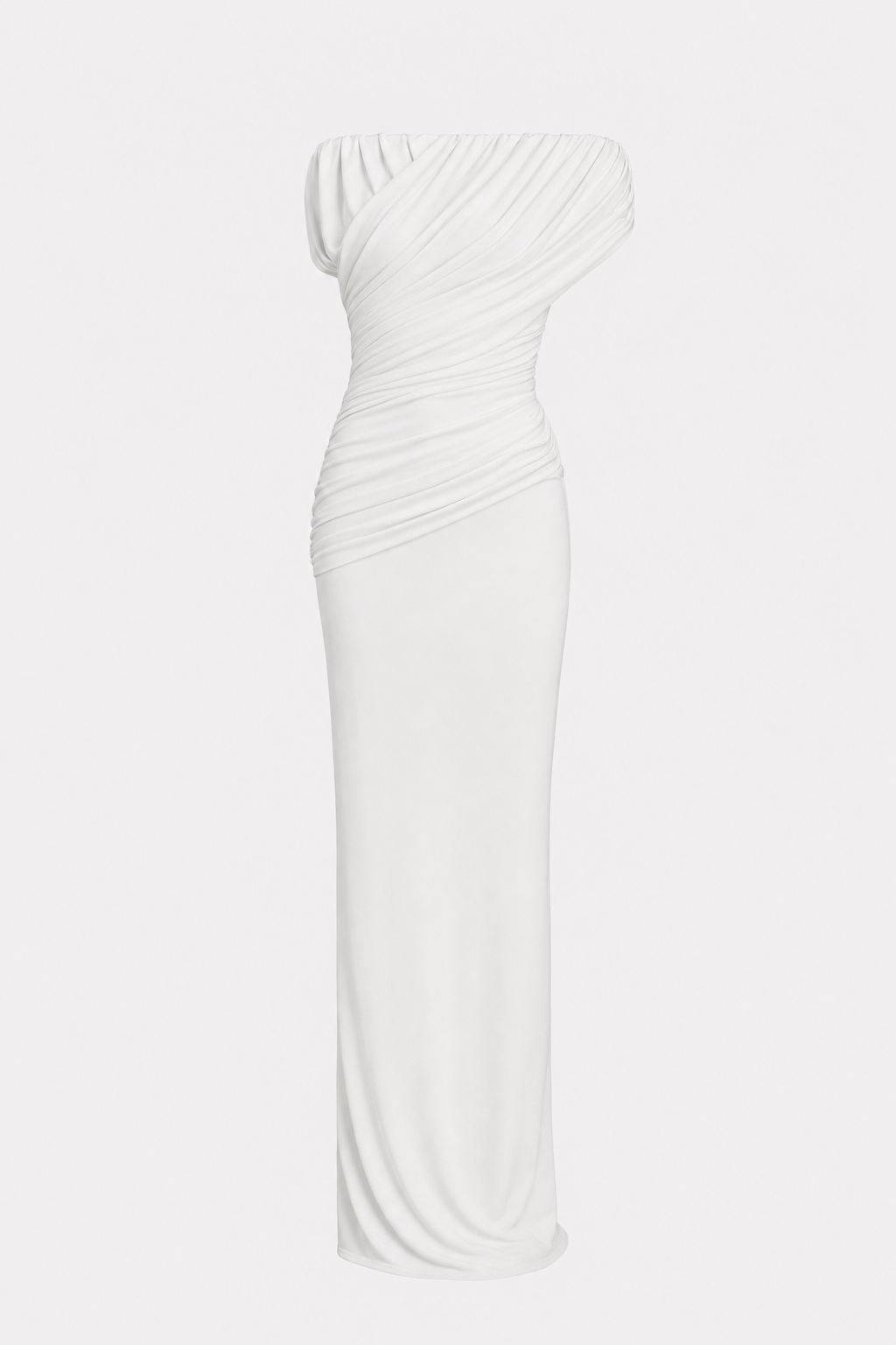 White off-shoulder ruched maxi dress