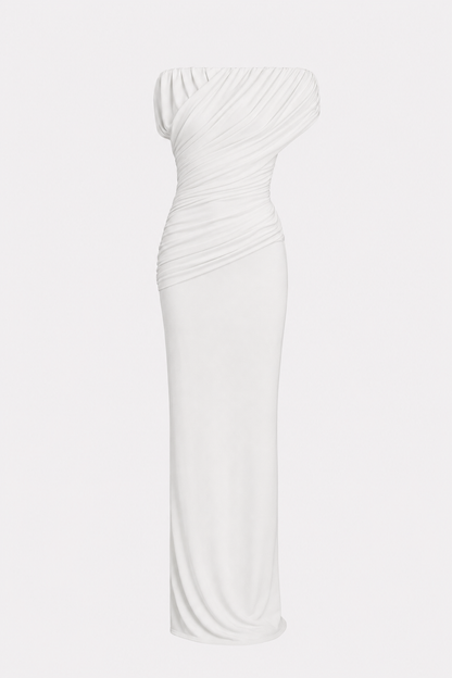White off-shoulder ruched maxi dress