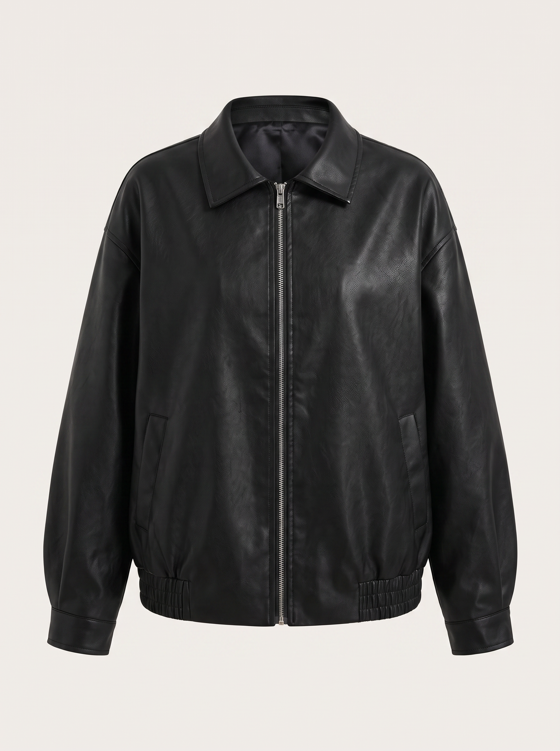 Black Faux Leather Jacket with Point Collar