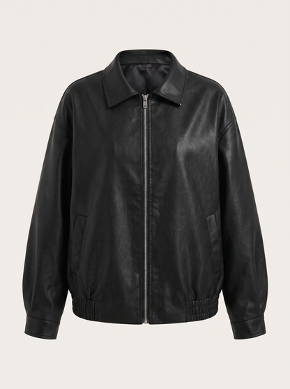 Black Faux Leather Jacket with Point Collar